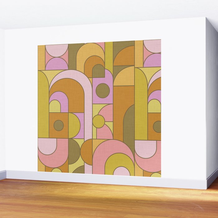 Abstract Bauhaus Shapes pink gold and olive green Wall Mural Gallery Image 2