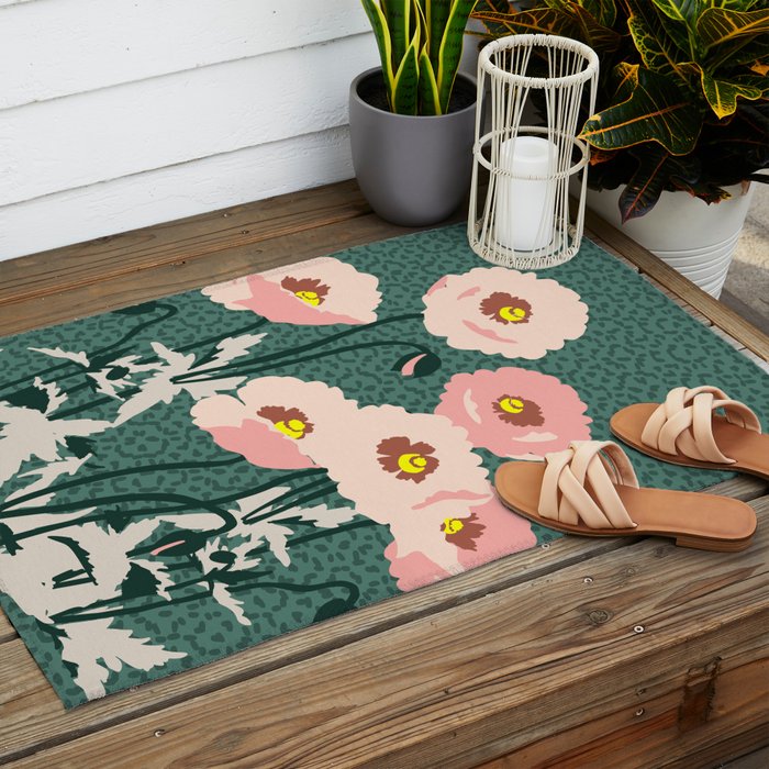 wild garden flowers: poppy flowers - modern illustration Outdoor Rug Gallery Image 2