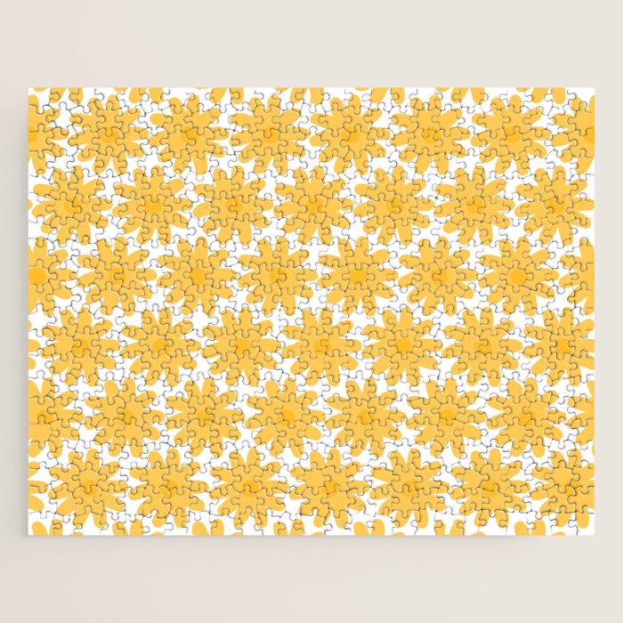 Crayon Flowers Cheerful Floral Pattern in Mustard Yellow and White Jigsaw Puzzle Gallery Image 1