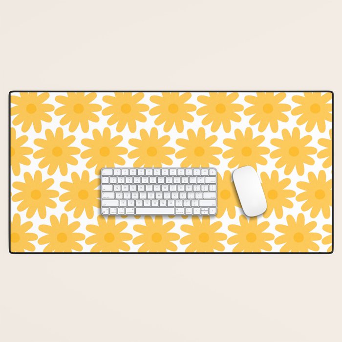 Crayon Flowers Cheerful Floral Pattern in Mustard Yellow and White Desk Mat Gallery Image 1