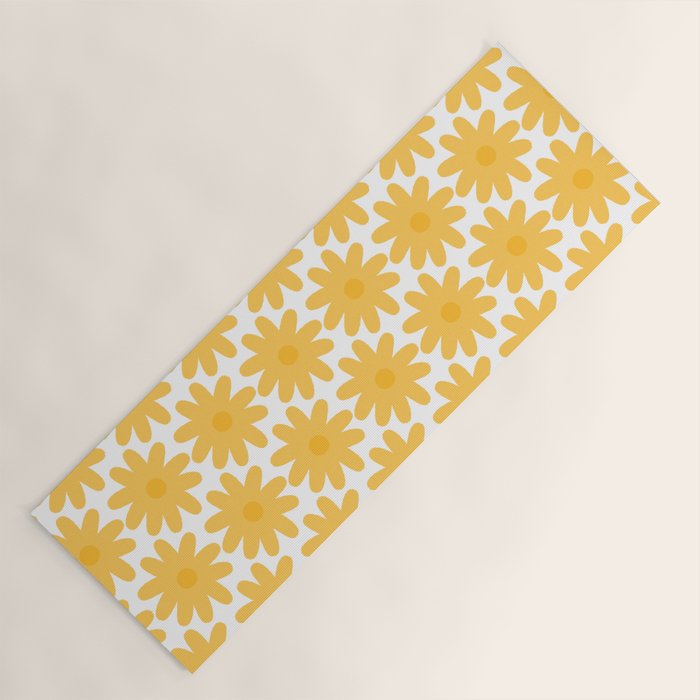 Crayon Flowers Cheerful Floral Pattern in Mustard Yellow and White Yoga Mat Gallery Image 1