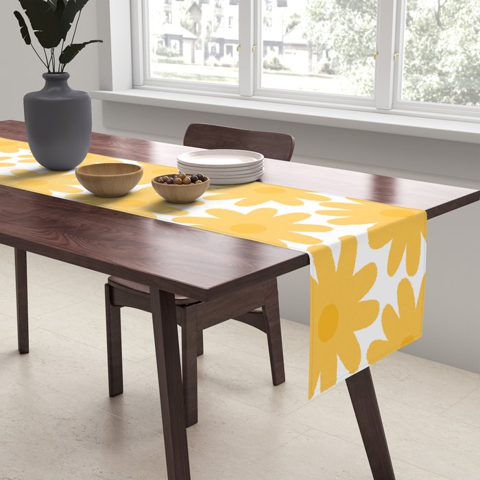 Crayon Flowers Cheerful Floral Pattern in Mustard Yellow and White Table Runner Gallery Image 2