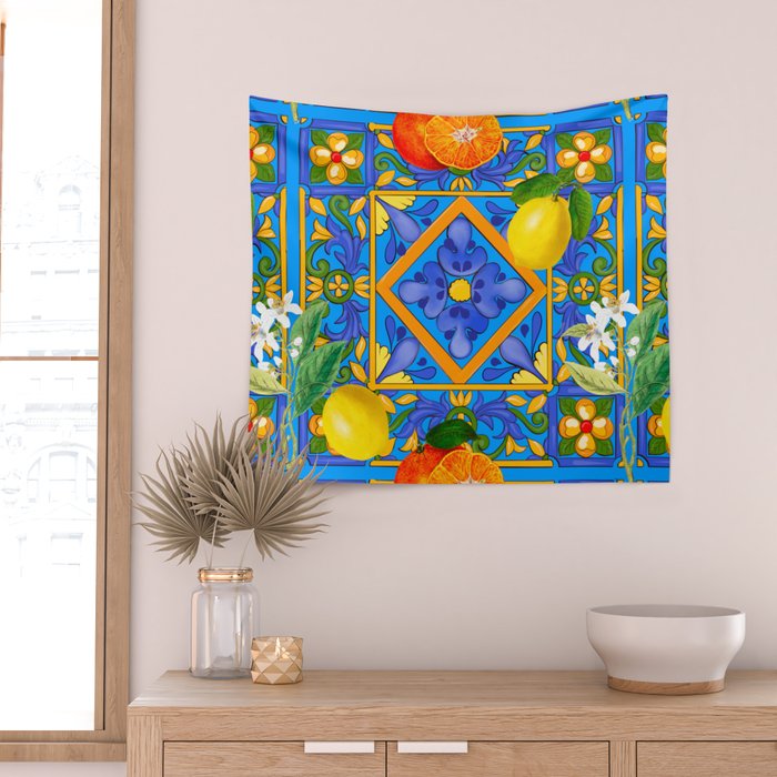 Summer ,Sicilian tiles ,citrus,oranges,majolica,lemons ,Mediterranean  Wall Tapestry Gallery Image 2