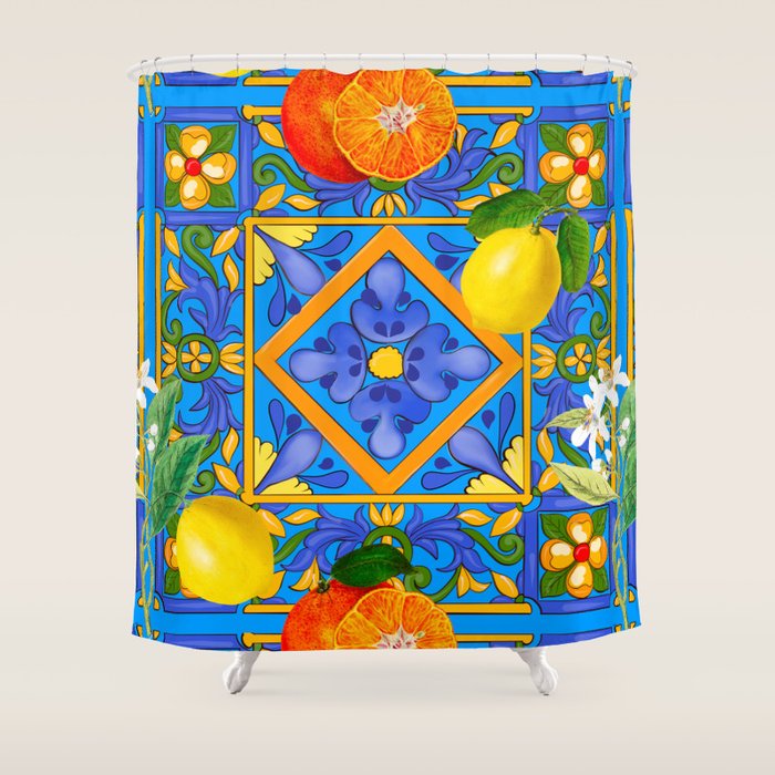 Summer ,Sicilian tiles ,citrus,oranges,majolica,lemons ,Mediterranean  Shower Curtain Gallery Image 1