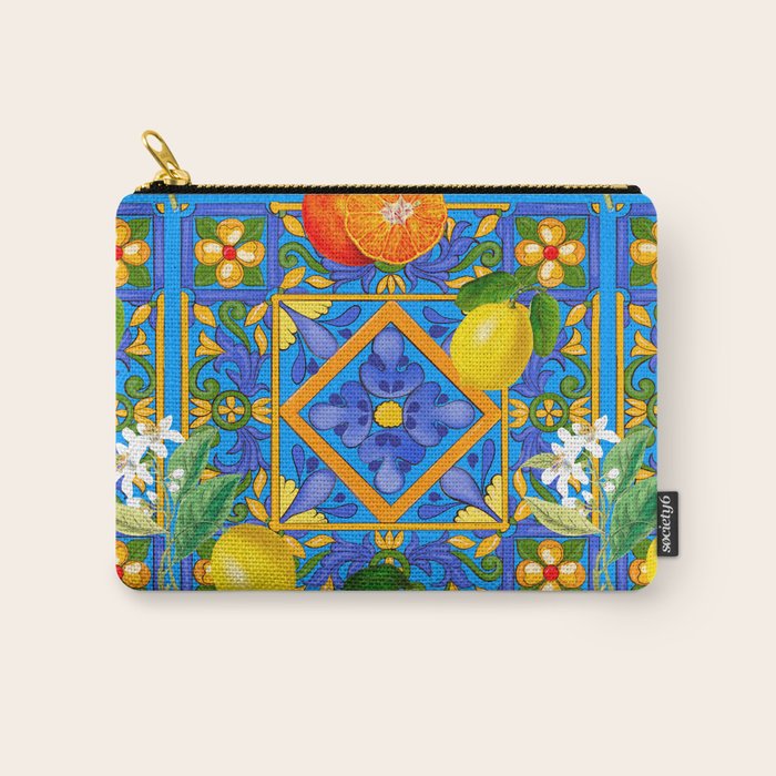 Summer ,Sicilian tiles ,citrus,oranges,majolica,lemons ,Mediterranean  Carry All Pouch Gallery Image 1