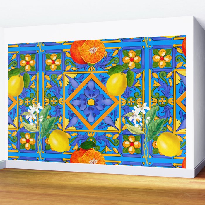 Summer ,Sicilian tiles ,citrus,oranges,majolica,lemons ,Mediterranean  Wall Mural Gallery Image 2