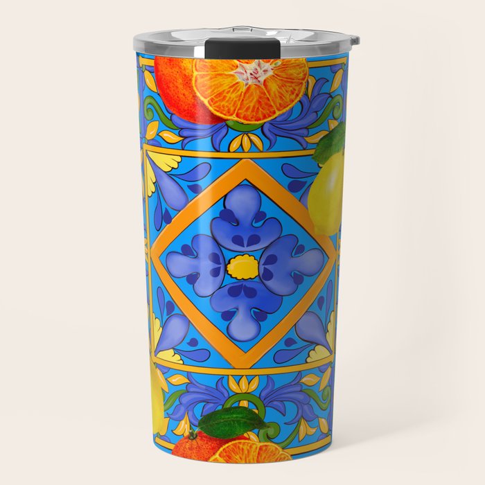 Summer ,Sicilian tiles ,citrus,oranges,majolica,lemons ,Mediterranean  Travel Mug Gallery Image 1