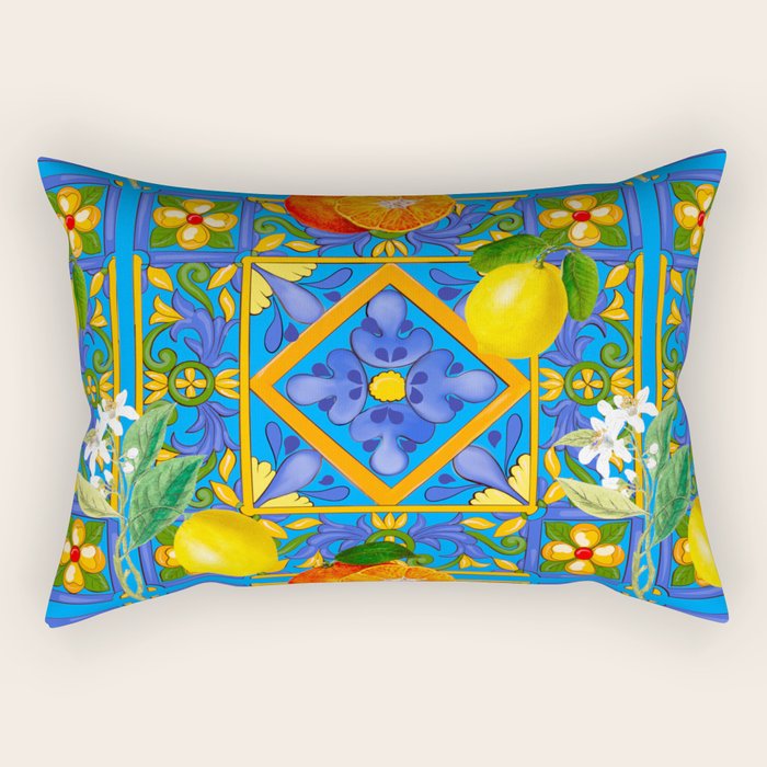Summer ,Sicilian tiles ,citrus,oranges,majolica,lemons ,Mediterranean  Rectangular Pillow Gallery Image 2