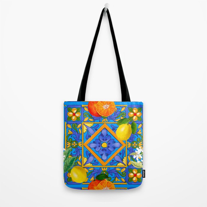 Summer ,Sicilian tiles ,citrus,oranges,majolica,lemons ,Mediterranean  Tote Bag Gallery Image 2