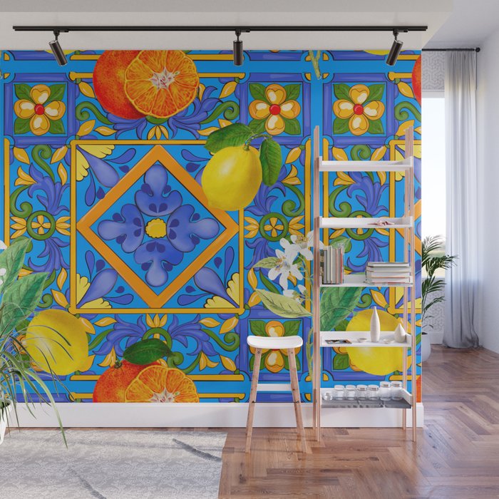 Summer ,Sicilian tiles ,citrus,oranges,majolica,lemons ,Mediterranean  Wall Mural Gallery Image 1