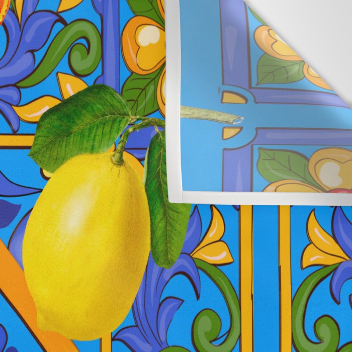 Summer ,Sicilian tiles ,citrus,oranges,majolica,lemons ,Mediterranean  Wall Tapestry Gallery Image 3