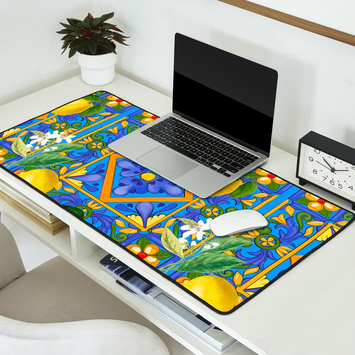 Summer ,Sicilian tiles ,citrus,oranges,majolica,lemons ,Mediterranean  Desk Mat Gallery Image 2