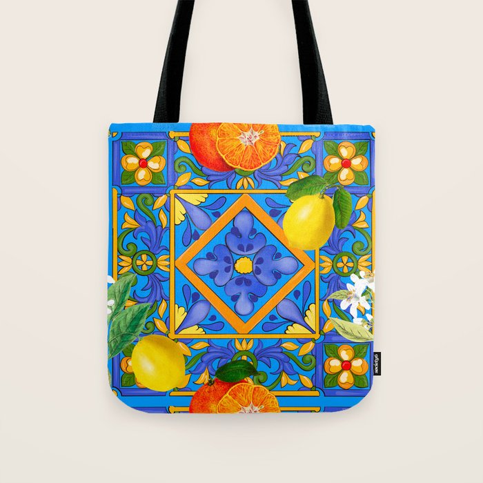 Summer ,Sicilian tiles ,citrus,oranges,majolica,lemons ,Mediterranean  Tote Bag Gallery Image 1