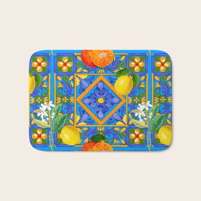 Summer ,Sicilian tiles ,citrus,oranges,majolica,lemons ,Mediterranean  Bath Mat Gallery Image 1