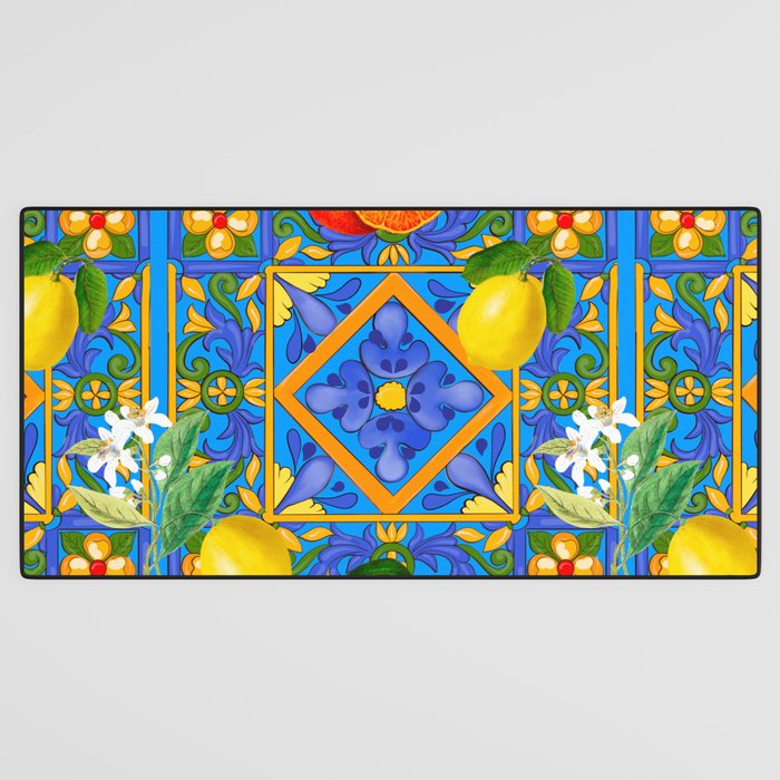 Summer ,Sicilian tiles ,citrus,oranges,majolica,lemons ,Mediterranean  Desk Mat Gallery Image 3
