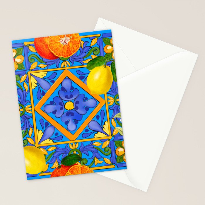 Summer ,Sicilian tiles ,citrus,oranges,majolica,lemons ,Mediterranean  Stationery Card Gallery Image 2