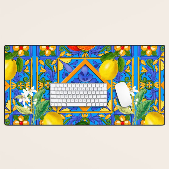 Summer ,Sicilian tiles ,citrus,oranges,majolica,lemons ,Mediterranean  Desk Mat Gallery Image 1