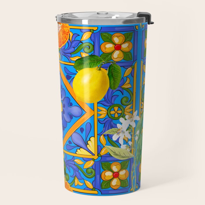 Summer ,Sicilian tiles ,citrus,oranges,majolica,lemons ,Mediterranean  Travel Mug Gallery Image 2