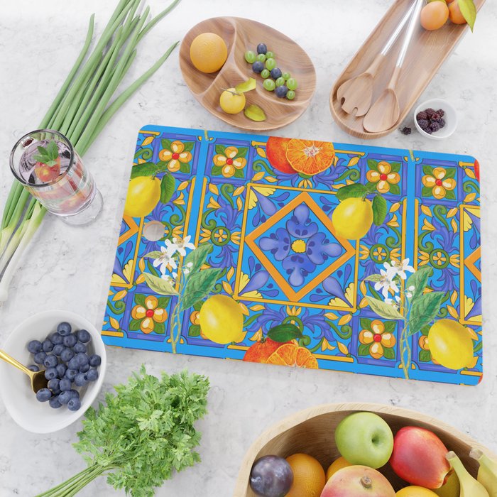 Summer ,Sicilian tiles ,citrus,oranges,majolica,lemons ,Mediterranean  Cutting Board Gallery Image 2