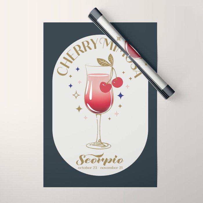 Cherry Mimosa Cocktail Zodiac Sign Wrapping Paper Gallery Image 1