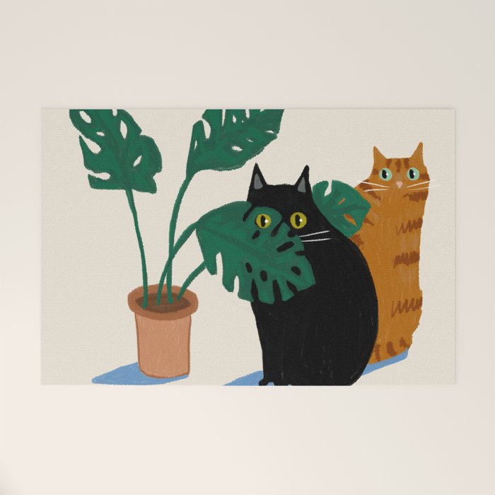 Black cat & orange tabby cat with Monstera plant Welcome Mat