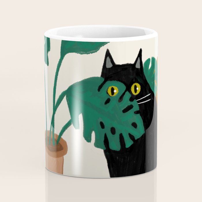Black cat & orange tabby cat with Monstera plant Coffee Mug Gallery Image 4
