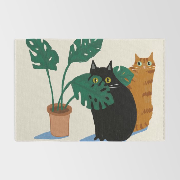 Black cat & orange tabby cat with Monstera plant Rug Gallery Image 2