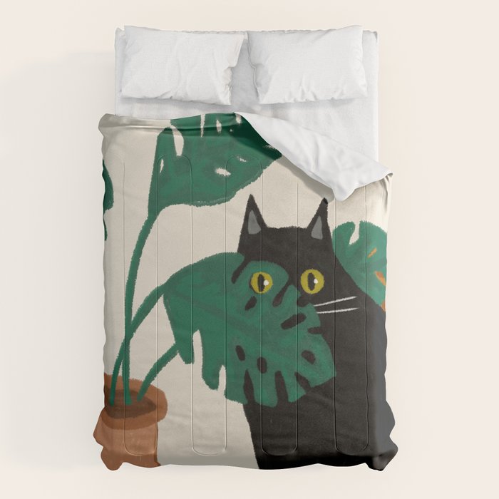 Black cat & orange tabby cat with Monstera plant Comforter Gallery Image 6