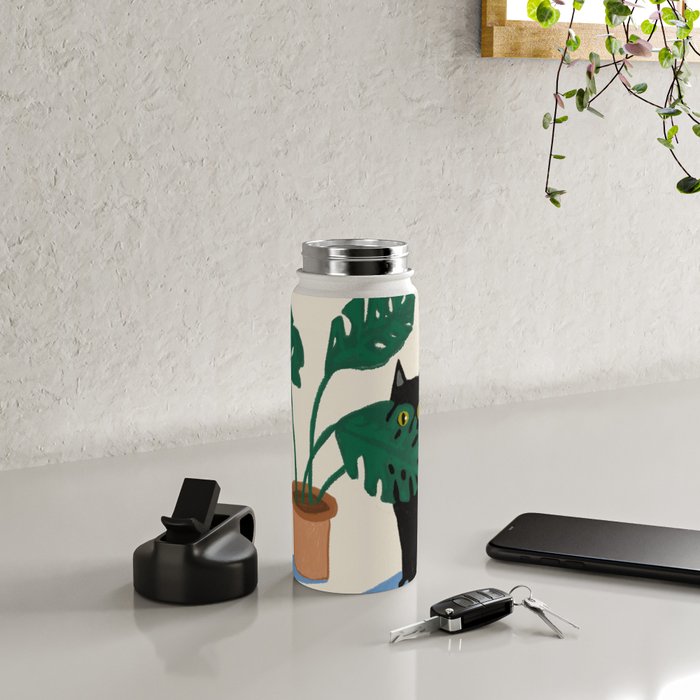 Black cat & orange tabby cat with Monstera plant Water Bottle Gallery Image 4