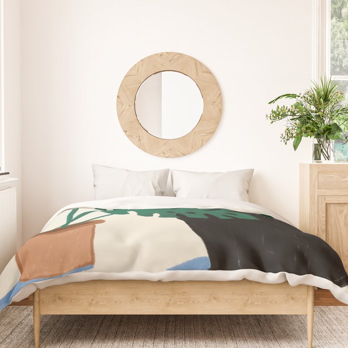 Black cat & orange tabby cat with Monstera plant Duvet Cover Gallery Image 3