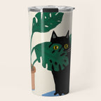 Black cat & orange tabby cat with Monstera plant Travel Mug Gallery Image 1