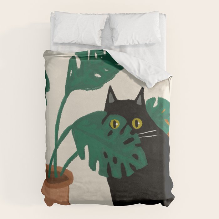Black cat & orange tabby cat with Monstera plant Duvet Cover Gallery Image 6