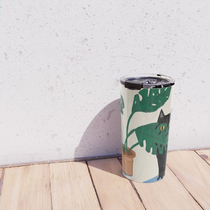 Black cat & orange tabby cat with Monstera plant Travel Mug Gallery Image 4