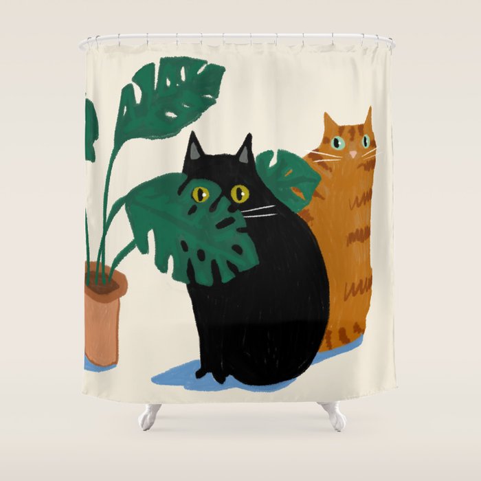 Black cat & orange tabby cat with Monstera plant Shower Curtain Gallery Image 1