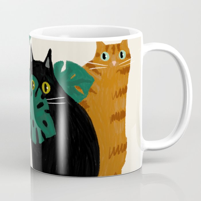 Black cat & orange tabby cat with Monstera plant Coffee Mug Gallery Image 1