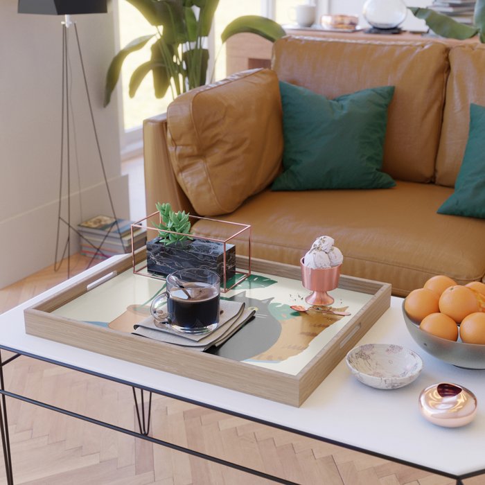 Black cat & orange tabby cat with Monstera plant Serving Tray Gallery Image 2