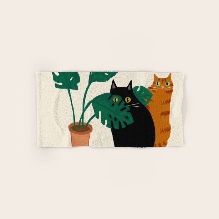 Black cat & orange tabby cat with Monstera plant Bath Towel Gallery Image 1