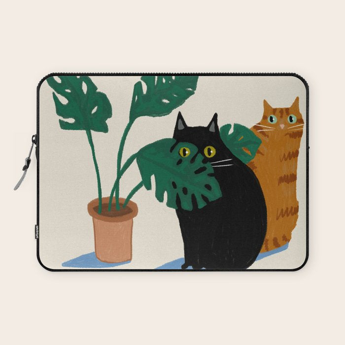 Black cat & orange tabby cat with Monstera plant Laptop Sleeve Gallery Image 1