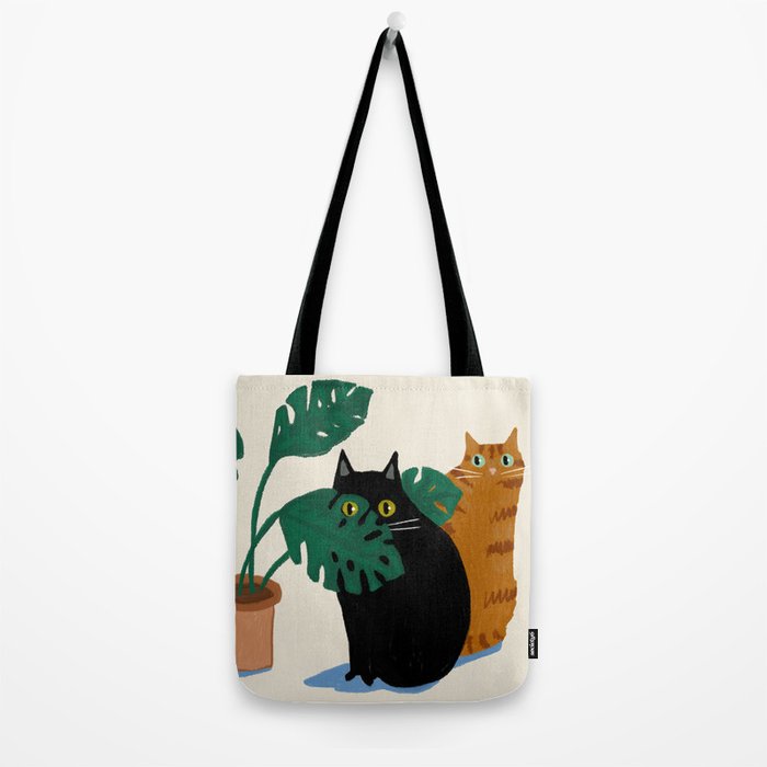 Black cat & orange tabby cat with Monstera plant Tote Bag Gallery Image 2