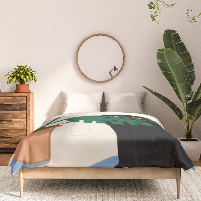 Black cat & orange tabby cat with Monstera plant Comforter Gallery Image 3