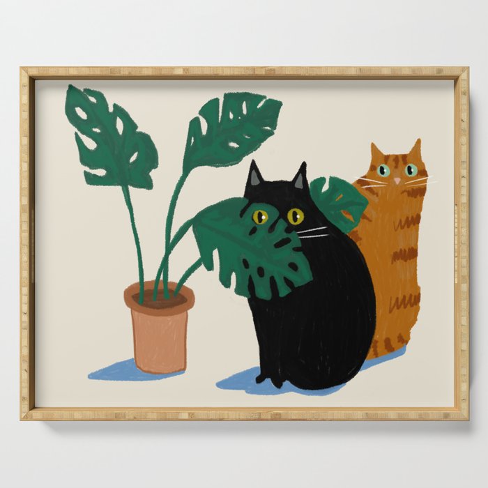 Black cat & orange tabby cat with Monstera plant Serving Tray Gallery Image 1