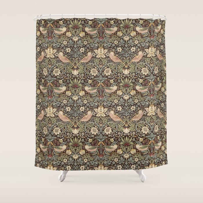 William Morris Vintage Strawberry Thief Dark Brown Chocolate Slate Shower Curtain Gallery Image 1