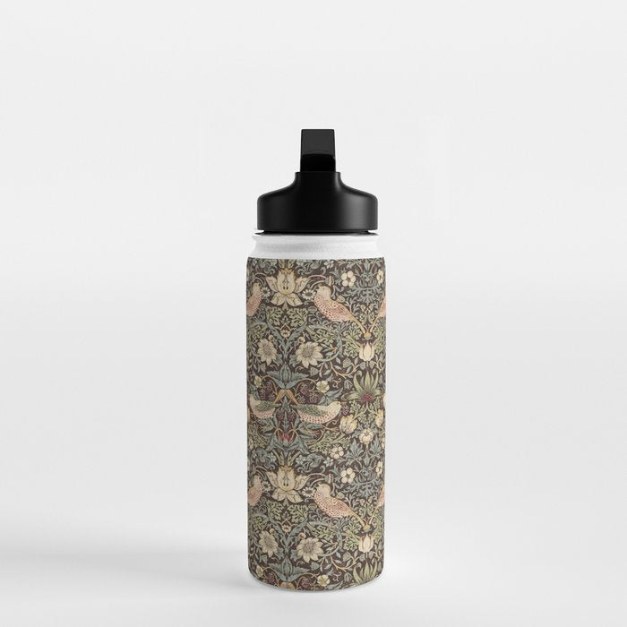 William Morris Vintage Strawberry Thief Dark Brown Chocolate Slate Water Bottle Gallery Image 3