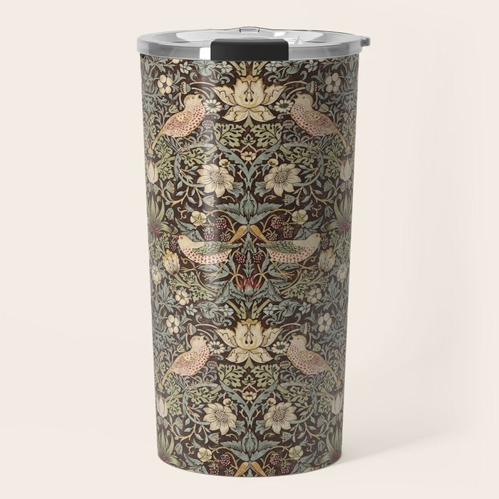 William Morris Vintage Strawberry Thief Dark Brown Chocolate Slate Travel Mug Gallery Image 1