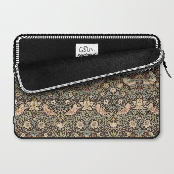 William Morris Vintage Strawberry Thief Dark Brown Chocolate Slate Laptop Sleeve Gallery Image 2
