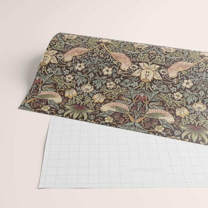 William Morris Vintage Strawberry Thief Dark Brown Chocolate Slate Wrapping Paper Gallery Image 2