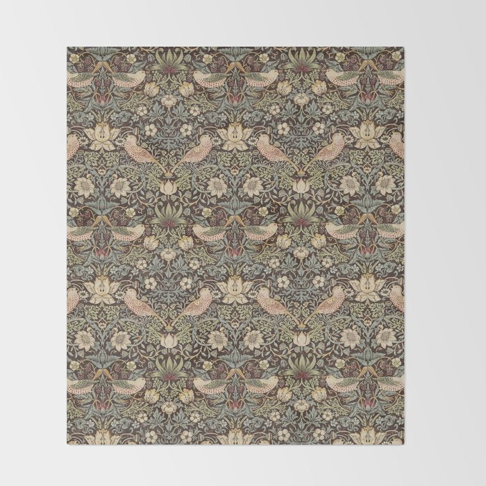 William Morris Vintage Strawberry Thief Dark Brown Chocolate Slate Throw Blanket Gallery Image 2