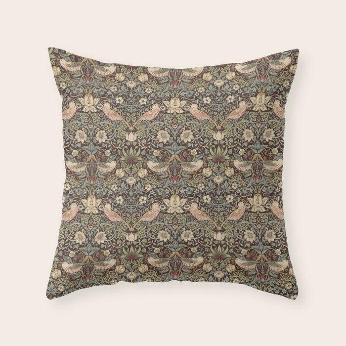 William Morris Vintage Strawberry Thief Dark Brown Chocolate Slate Throw Pillow Gallery Image 6