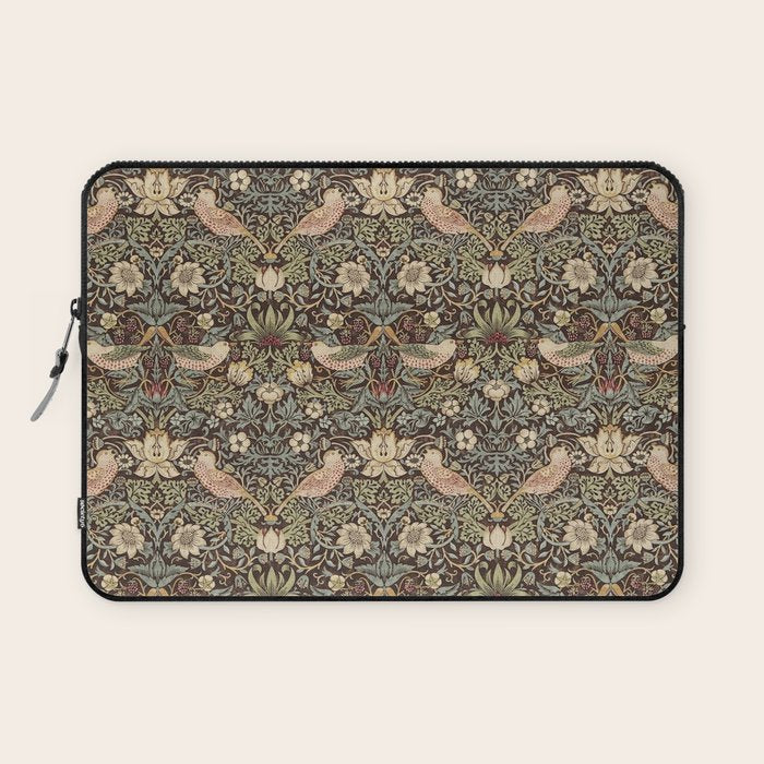 William Morris Vintage Strawberry Thief Dark Brown Chocolate Slate Laptop Sleeve Gallery Image 1