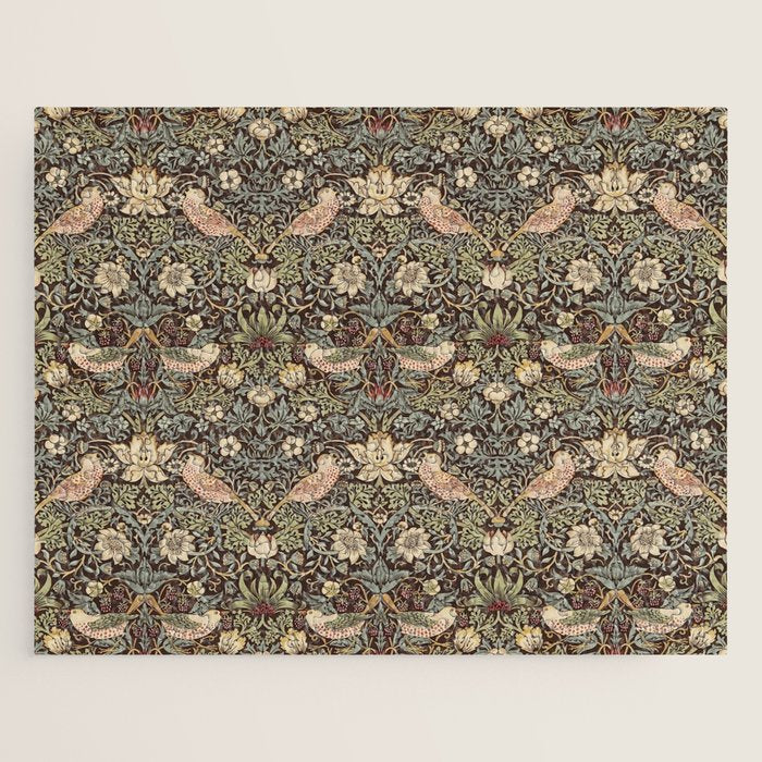 William Morris Vintage Strawberry Thief Dark Brown Chocolate Slate Jigsaw Puzzle Gallery Image 1